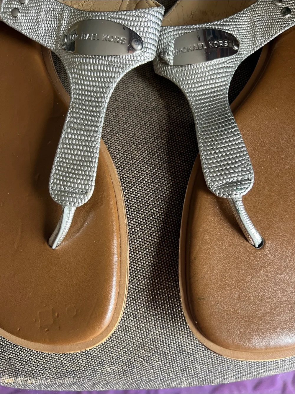 Michael Kors Silver Metallic Thong Sandals with Brown Footbed